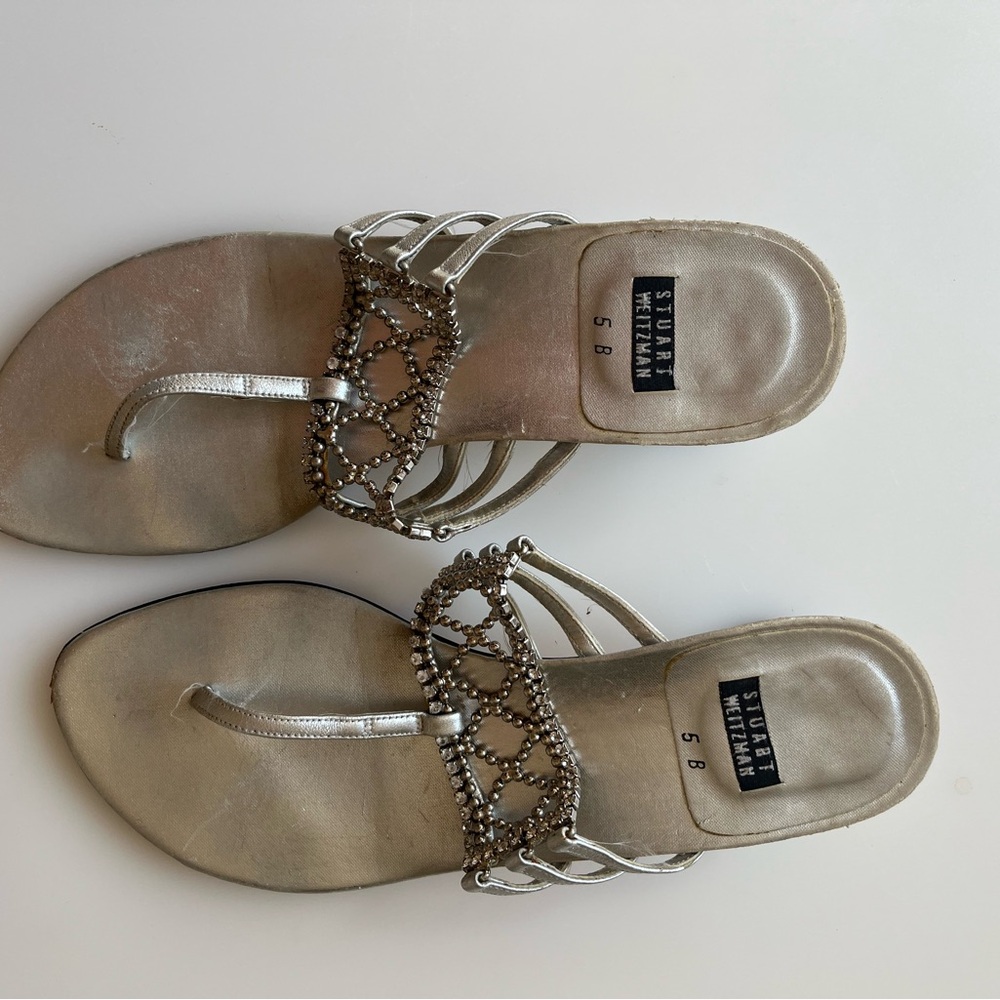 Stuart Weitzman Silver Crystal-Embellished Thong Sandals